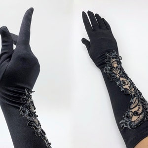 Vintage 1980s Deadstock Black Sheer Applique Long Satin Gloves, Vintage Elegant Gloves, Formal, Prom, Vintage Wedding,