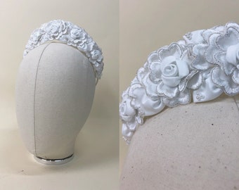 Vintage 1980s Rosette Satin Leaf Floral Bridal Crown, VIntage Rosette Buds And Touches Of Pearls, 80s Wedding Accessories, 90s Bridal