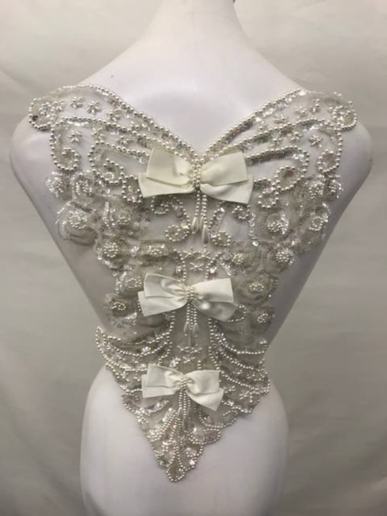 Comes In Black /& Ivory Iridescent Pearls Beaded Bodice Applique W 3 Satin Bows Sequins Can Be Added To a Dress Costume or Lingerie.