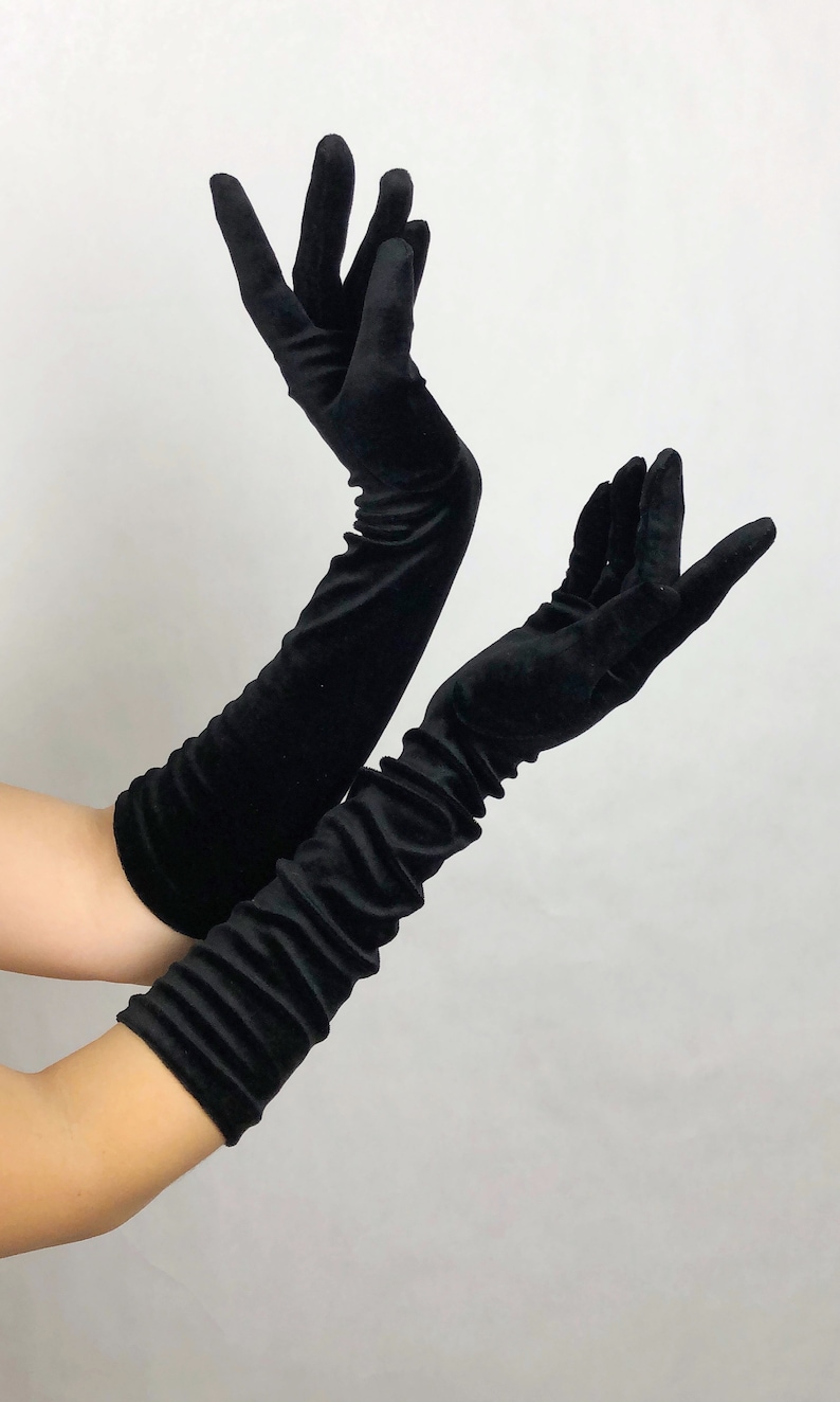1960s – 70s Hats, Wigs, Gloves, Scarves     Vintage 1960s Hyman Hendler & Sons Black Velvet Gloves 60s Formal Wear Vintage Deadstock Vintage Hollywood Wrist Length and Elbow Length  AT vintagedancer.com