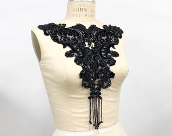 Vintage Black Sequin & Beaded Sheer Bodice, Peek-A-Boo Center Applliqué, Beaded Fringe Detail, Art Deco Style Bodice, Sewing DIY