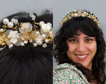 Gold Spring Garden Tiara, Vintage Tiara, Hand Wired Beads & Rhinestones, Bridal Wedding Accessories, Prom Tiara