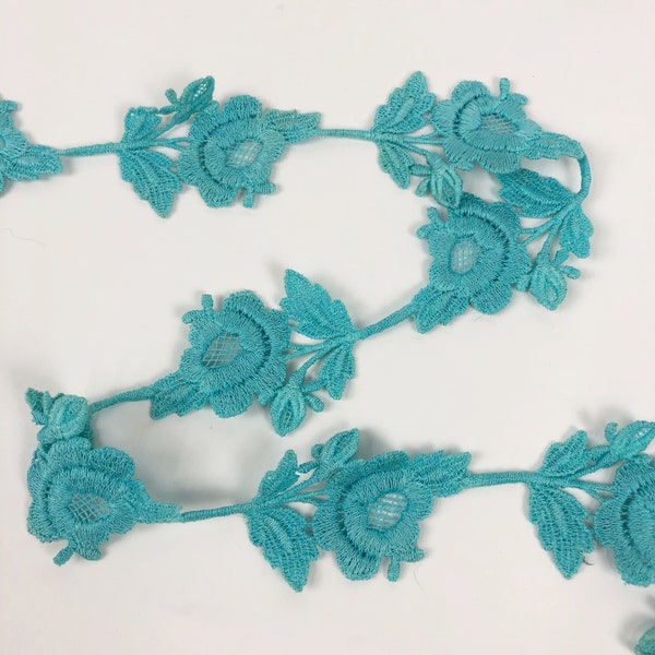 2" Width, Robbin's Egg Blue Embroidered Trim, Embroidered Rose Floral Lace Trim, 1960s Deadstock Trim, Sewing DIY, Bohemian Design Trim