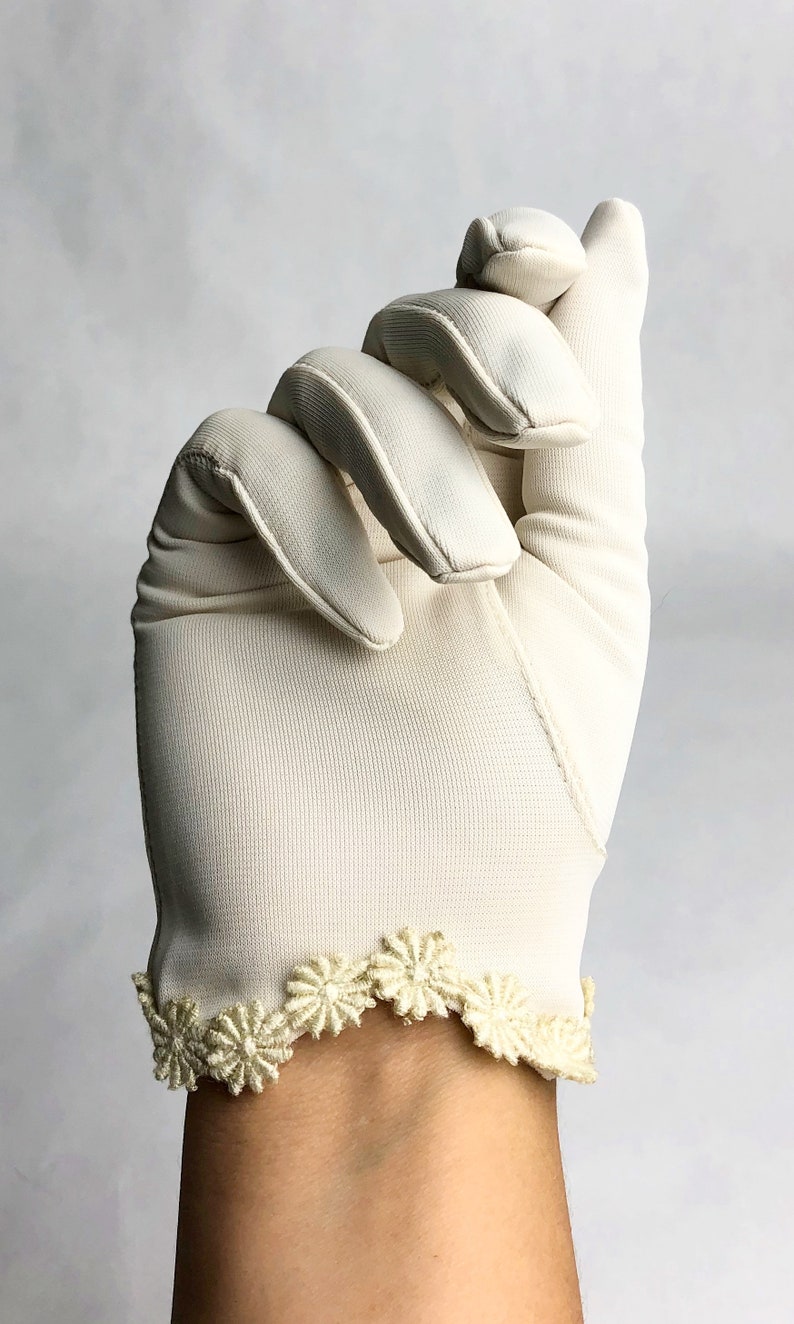 1960s – 70s Hats, Wigs, Gloves, Scarves     Vintage 1960s Floral Crochet Trim Gloves 60s Bridal Gloves Vintage Wedding Gloves Vintage Deadstock Retro Wedding  AT vintagedancer.com