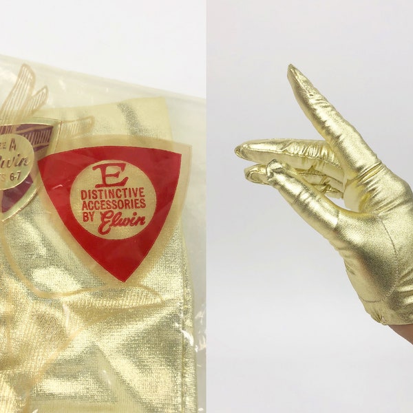 Vintage Early 1960s Deadstock Elwin Accessories Gold Lamé Gloves, Elastic Wrist, Gold Lamé Gloves, 60s Mod, MidCentury, Smaller Hands Gloves