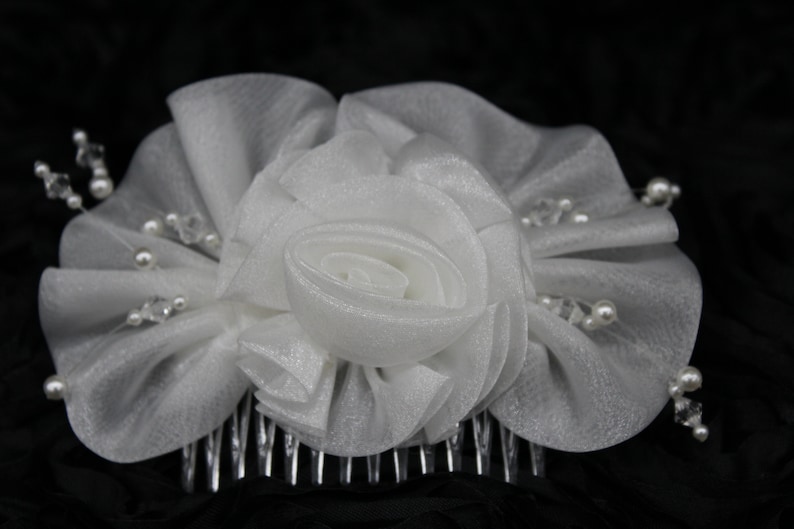 Wedding Hair Comb,Three Dimensional W Shimmering Iridescent Organza Ruffle Rose Bow Adorned W Pearl Beads /& Translucent Beads!