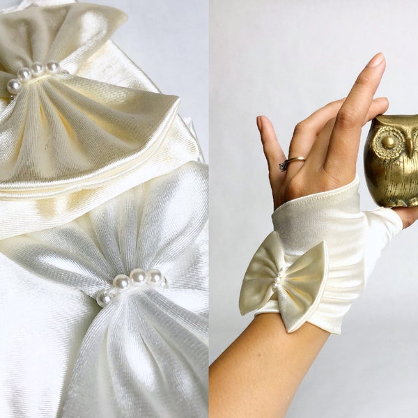 Vintage 1970s Deadstock Fingerless Satin Gloves, 70s Satin Bow Pearl Accents, Comes in Ivory & White, Bridal Gloves, Vintage Wedding