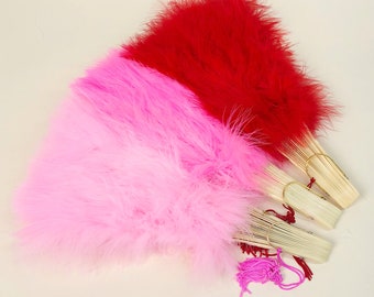 Vintage 1960s Romantic Colored Marabou Feather Fans, Vintage Feather Fans, Pink & Red Feather Fans, Vintage Accessories, 60s Boudoir