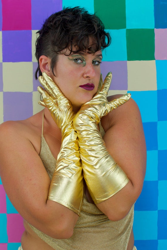 Vintage 1960s Gold Lamé Elbow Length Gloves, Gold… - image 3