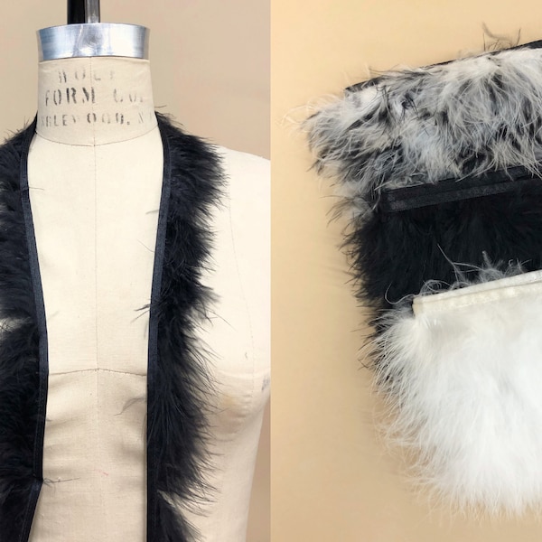 Vintage Deadstock Black, White, or Black & White Marabou Soft Feather Trim, Nylon Footing, Made in Macau, Sold By The Yard/ 10 Yard Pack