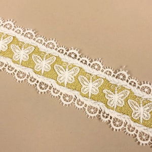 Lurex doré de 5 cm de large et bordure en dentelle papillon, motif feuille blanche vintage, bordure en dentelle vénitienne, couture à faire soi-même, décoration de mariage et de mariée, vendu par mètre