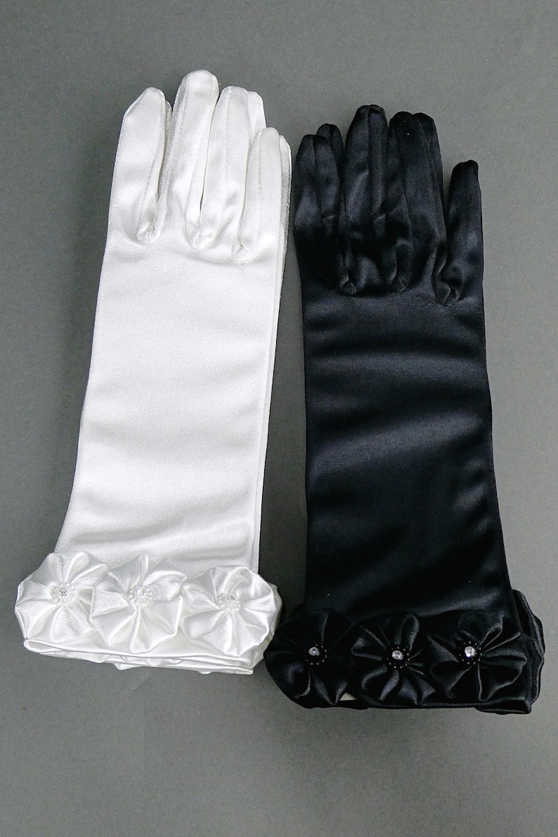 Vintage 1970s Rosettes & Rhinestone Satin Gloves, 70s White or Black Gloves, Vintage Stretch Satin, 70s Deadstock Gloves, Vintage Bridal image 9