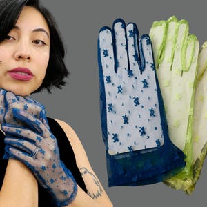 Astra Gloves, Vintage 1970s Deadstock Mod Floral Daisy Sheer Lace Gloves, Comes in Lime, Mid Night Blue and Yellow, Retro Gloves