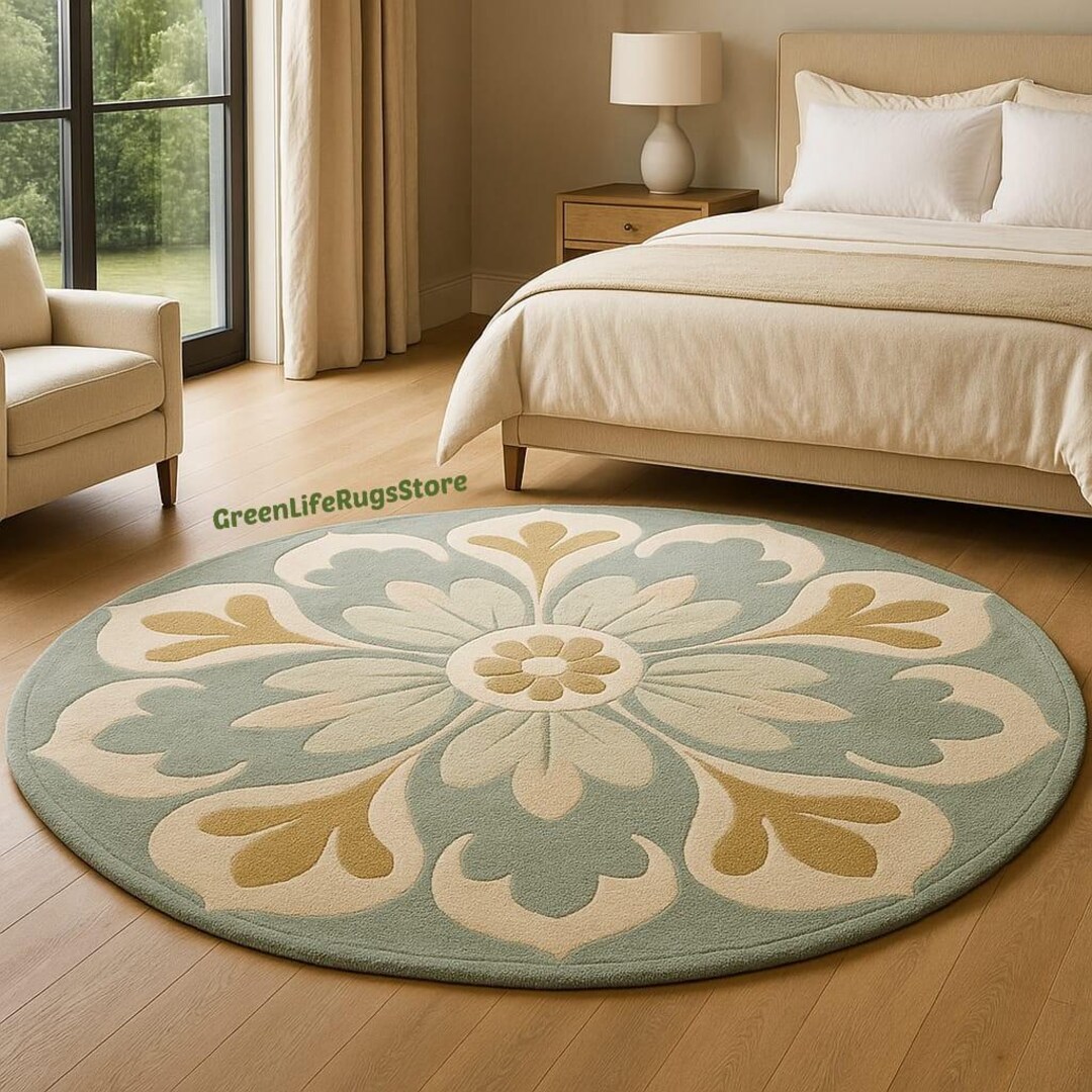 Hand Tufted Floral Round Rug, Sage Green Beige Wool Area Rug, Modern ...