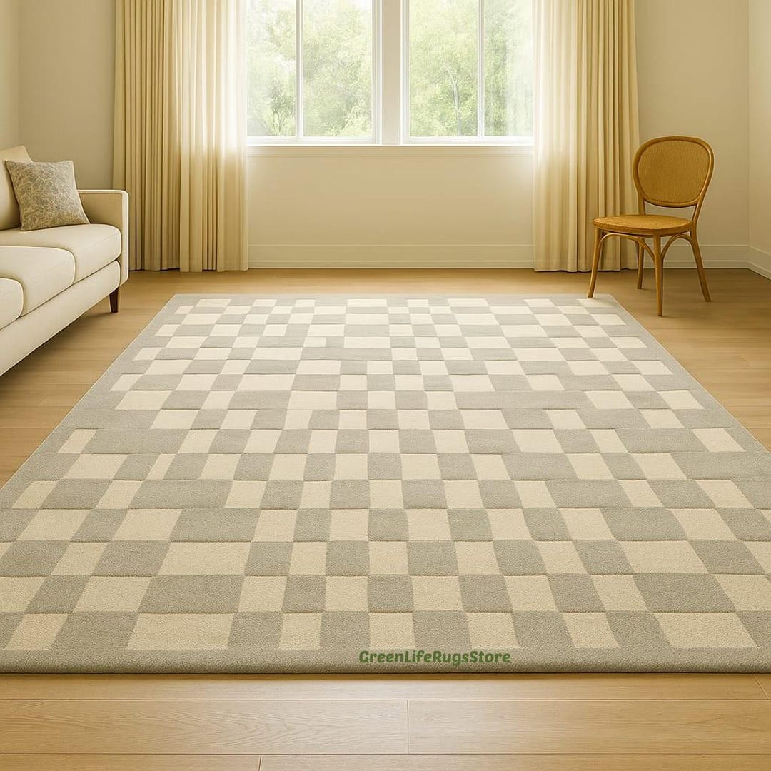 Beige Checkered Hand Tufted Wool Rug | Modern Neutral Grid Pattern ...