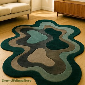 Hand Tufted Green & Brown Abstract Rug – Modern Wavy Irregular Shape ...