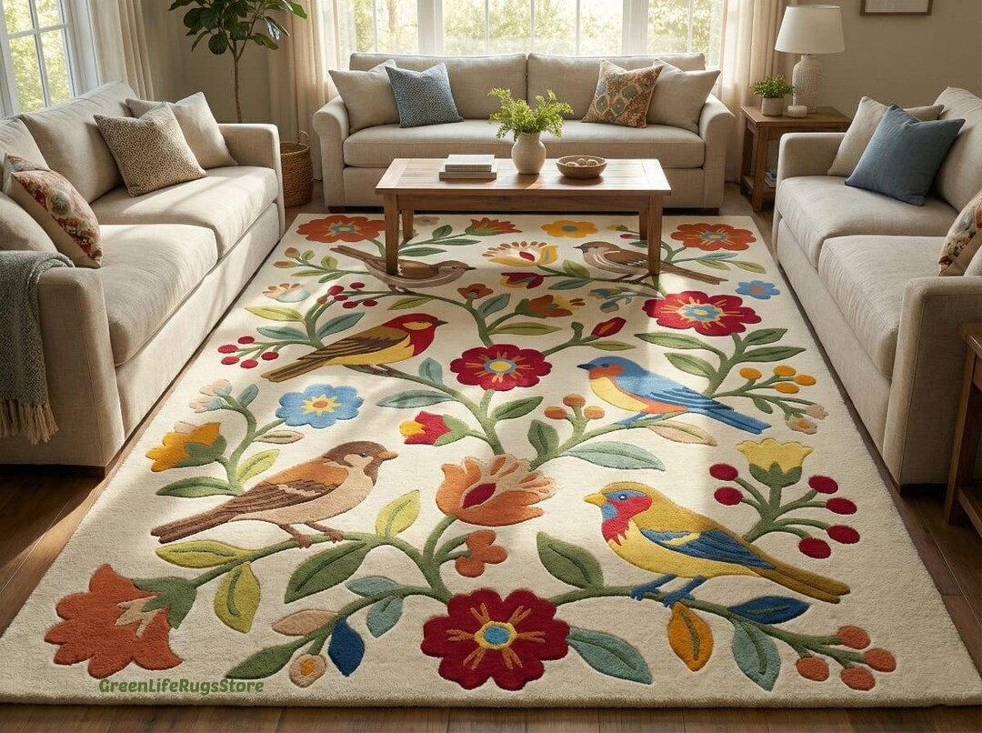 Pattern Floral Whimsical Rug Hand Tufted Floral Bird Rug Colorful Nature Inspired Carpet Whimsical ...