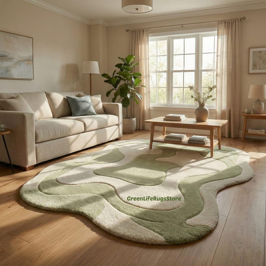 Hand Tufted Organic Shape Rug | Sage Green Ivory Abstract Wool Area Rug ...