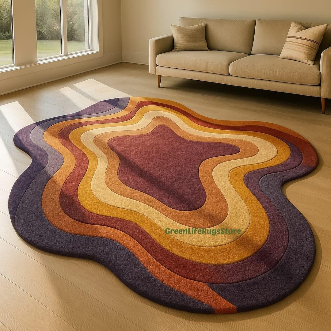 Hand Tufted Abstract Wavy Rug | Sunset Color Wool Area Rug | Organic ...