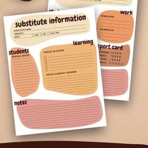 Puede incluir: Dos formularios imprimibles de informe de sustitución con un esquema de color marrón y beige. Los formularios incluyen secciones para notas de los estudiantes, temas cubiertos y un boletín de calificaciones. Se muestra el texto "Substitute Report Form".