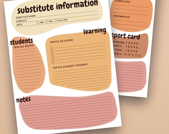 May include: Two printable substitute report forms with a brown and beige color scheme. The forms include sections for student notes, topics covered, and a report card. The text "Substitute Report Form" is displayed.