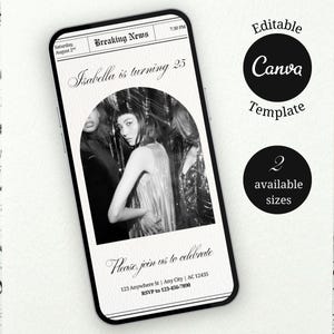 Newspaper Birthday Invitation Mobile Invite Editable Canva Template Digital Download