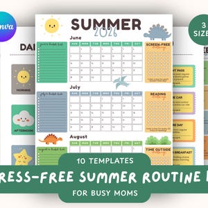 May include: A digital printable summer 2026 routine kit featuring ten templates including monthly calendars for June, July, and August, bucket lists, and various activity challenges with dinosaur, sun, and cloud illustrations in a colourful layout.