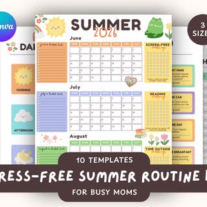 May include: A printable summer routine kit featuring ten templates for June, July, and August 2026. The pages include monthly calendars, bucket lists, and activity challenges with colorful illustrations of suns, frogs, and flowers on a white background.