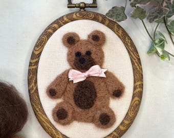 Hand felted teddy bear on decorative 4in embroidery  hoop