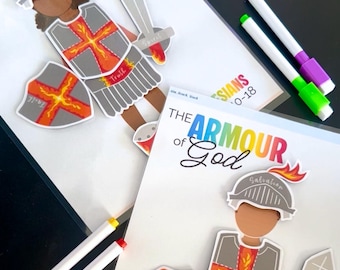 May include: A colorful illustration of a knight in armor, with a shield and sword. The knight is depicted with a cross on the chest and shield. The text "The Armour of God" and "Ephesians 6:10-18" are also visible.
