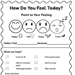 Puede incluir: Hoja de trabajo imprimible en blanco y negro titulada "¿Cómo te sientes hoy?" con caras de emoji que representan emociones. Incluye secciones para completar y sugerencias para afrontar, como contar hasta 10.
