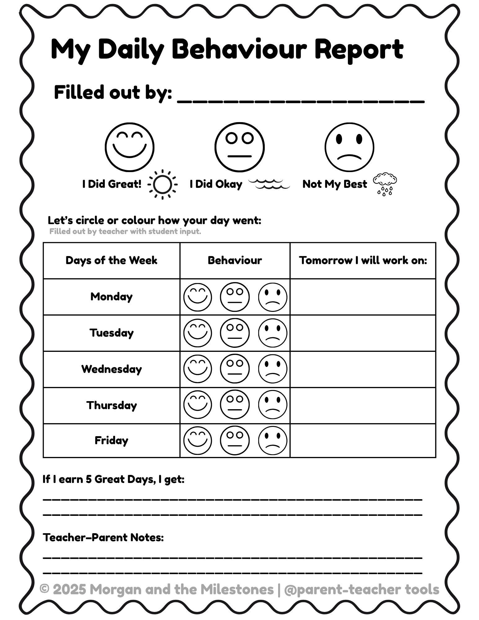 Daily Behavior Report for Kids: Classroom Tracker, Parent-teacher  Communication (PDF Download) - Etsy Israel, image size:1545x2000