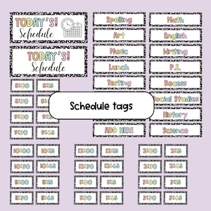 May include: A collection of colorful schedule tags for classroom use. The tags include times, subjects like Math, English, and Science, and the words "Today's Schedule". The design features a speckled border and a light purple background.