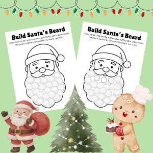 Peut inclure: Deux feuilles d'activité "Construis la barbe du Père Noël" avec des contours de visage du Père Noël et des instructions. Un Père Noël à l'aquarelle, un sapin de Noël et un bonhomme en pain d'épices sont également présentés. Décorations de Noël festives.