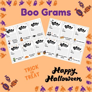 Puede incluir: Tarjetas "Boo Grams" con temática de Halloween con texto "Boo!" y espacio para mensajes. Las tarjetas presentan gráficos de Halloween como fantasmas, calabazas y caramelos. El fondo es naranja con el texto "Happy Halloween" y "Trick or Treat".