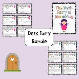 May include: A bundle of Desk Fairy themed stationery. Includes cards with text "Desk Fairy Mail!" and a sign that says "The Desk Fairy is Watching". Also includes a wooden door graphic and a sign that says "Desk Fairy Bundle".