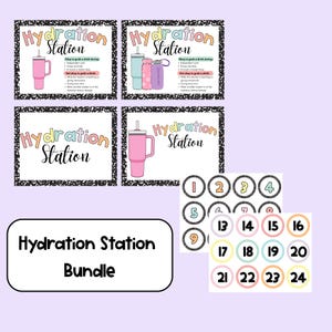 Op de afbeelding: Een bundel hydratatiestationmaterialen. De afbeelding bevat vier borden met de tekst "Hydration Station" en illustraties van waterflessen en bekers. Ook inbegrepen zijn genummerde stickers 1-24.