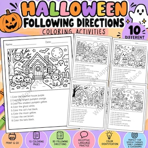 May include: A set of Halloween following directions coloring activity sheets featuring black and white illustrations of haunted houses, scarecrows, ghosts, and pumpkins with numbered instructional text for children to color specific elements.