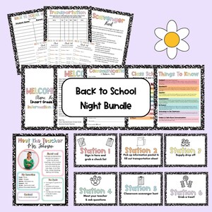 May include: A collection of printable back-to-school night materials. Includes forms for student information, transportation, and a scavenger hunt. Features a welcome sheet, communication guide, and teacher information. The bundle is designed with a notebook paper style.
