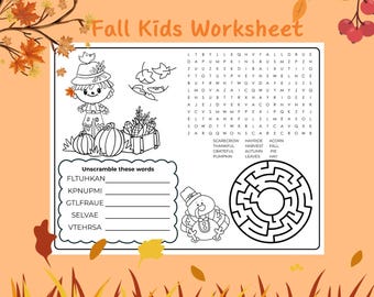 Fall Activity Worksheet for Kids | Thanksgiving Word Search, Maze & Coloring Page Printable