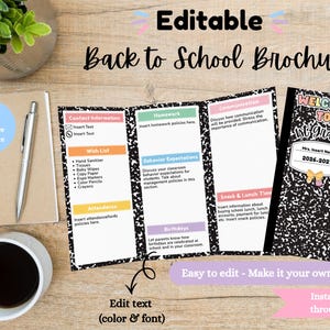 May include: An editable trifold brochure template with a black and white composition notebook pattern. The brochure features sections for contact information, homework, behavior expectations, birthdays, and a welcome cover for 1st grade.
