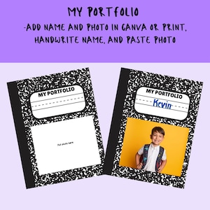 Puede incluir: Dos cuadernos de composición con cubiertas moteadas en blanco y negro. Un cuaderno tiene un espacio en blanco para una foto, el otro tiene una foto de un niño. El texto "MY PORTFOLIO" está en la parte superior de cada cuaderno.