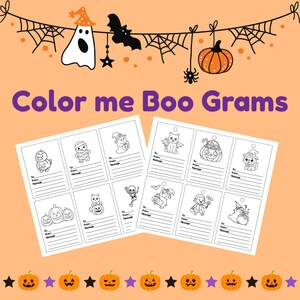 Puede incluir: Dos hojas de "Color me Boo Grams" con ilustraciones temáticas de Halloween, incluyendo calabazas, fantasmas y gatos. Las hojas están decoradas con una pancarta de iconos de Halloween y un borde de calabazas y estrellas. Cada tarjeta tiene espacio para un mensaje.
