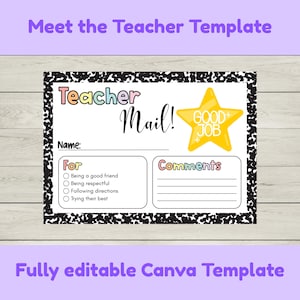 May include: A white template with black speckled borders, featuring the text "Meet the Teacher Template" and "Fully editable Canva Template." The design includes sections for "Teacher Mail!" and "Good Job" with a star graphic. It has fields for name, comments, and checkboxes.