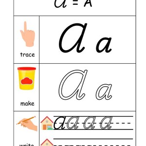 Puede incluir: Tabla educativa para aprender la letra 'a'. La tabla incluye el texto 'a = A', ejemplos de la letra 'a' en diferentes fuentes e instrucciones para trazar, hacer y escribir la letra. Una mano señala la letra.