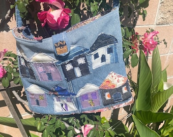 Cabas en denim fait main : appliqué maison en tissu recyclé, sac à main bohème