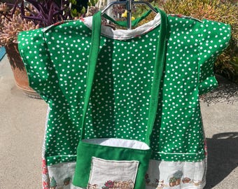 Réplica artesanal de arte retrô para criança com bolsa combinando.