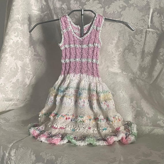 Pastel Garden Party Dress  Hand-Knitted Toddler Outfit with Ruffled Hem &  Spring Colors
