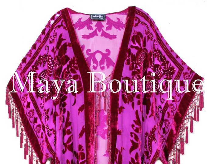 Maya Matazaro Fuchsia Beaded Silk Burnout Velvet Kimono Opera Coat Fringe Jacket Made in USA