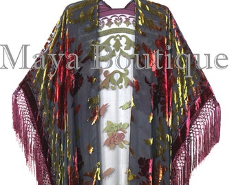 Maya Matazaro Tye Dye Burgundy Multi Fringe Kimono Burnout Velvet Jacket Coat